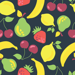Vintage inspired banana cherry lemon strawberry pear seamless pattern on a dark blue background.