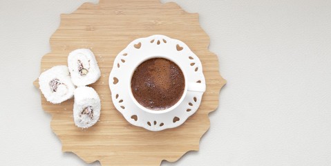 Turkish coffee with milk cream chocolate pistachio flavored white Turkish delight