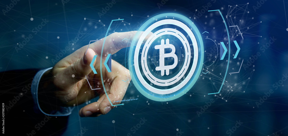 Poster man holding a technology bitcoin icon on a circle 3d rendering