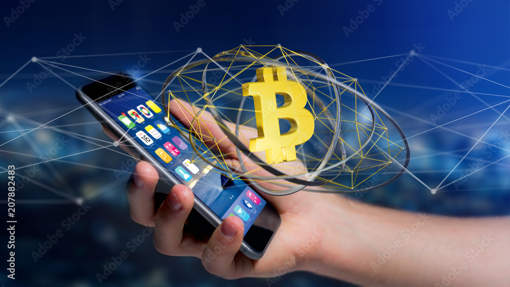 Poster businessman using a smartphone with a bitcoin crypto currency sign flying around a network connectio