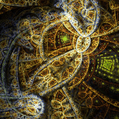 Golden fractal steampunk machine, digital artwork for creative graphic design