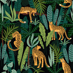 Vestor naadloos patroon met luipaarden en tropische bladeren.