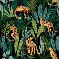 Keuken foto achterwand Bestsellers Vestor naadloos patroon met luipaarden en tropische bladeren.