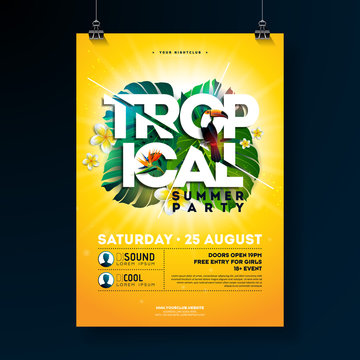 Vector Tropical Summer Party Flyer Design with typographic elements on sun yellow background. Summer nature floral elements, toucan bird and parrot flower with exotic leafs. Design template for banner