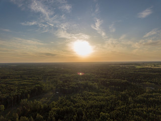 drone image. aerial view of rural sunset with long shadows