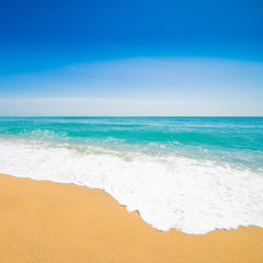 Beautiful Tropical  beach with Soft wave of blue ocean, sand and transparent sky. Summer travel holiday background concept. Sea panorama.