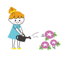 朝顔に水をあげる女の子