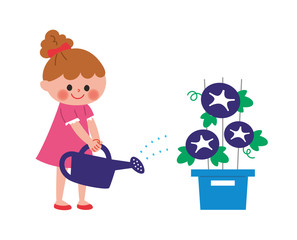 朝顔を育てる女の子