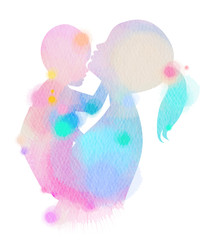 Happy family silhouette on watercolor background. Mother and baby. Mother's day. Digital art painting