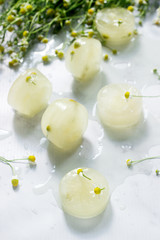 Ice cubes of chamomile tea and chamomile for cosmetic purposes on a background of a bouquet of daisies.