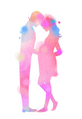 Pregnant woman with her husband silhouette plus abstract watercolor painted. Digital art painting