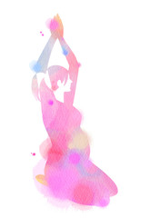 Watercolor yoga or exercise pregnant woman silhouette on white background. Digital art painting