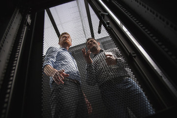Stable connection. Low angle of charming IT technicians communicating while standing