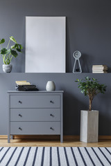 Mockup of poster in grey living room interior with plant next to cabinet. Real photo