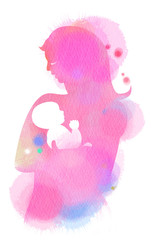 Happy family silhouette on watercolor background. Mother and baby. Mother's day. Digital art painting