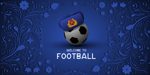 Background on Football in Russia. Hat earflaps on the ball. Russian pattern background. Football in Russia in 2018. Football championship.