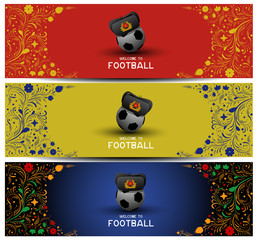 Set of backgrounds on the theme of Football in Russia. Hat earflaps on the ball. Russian pattern background. Football in Russia in 2018. Football championship. The header of the site. © Stanislav Vostrikov