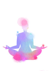 Watercolor yoga silhouette on white background. Digital art painting
