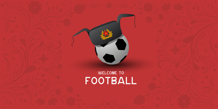 Background on Football in Russia. Hat earflaps on the ball. Russian pattern background. Football in Russia in 2018. Football championship.
