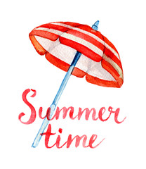 Summer time lettering and watercolor beach umbrella, isolated on white background