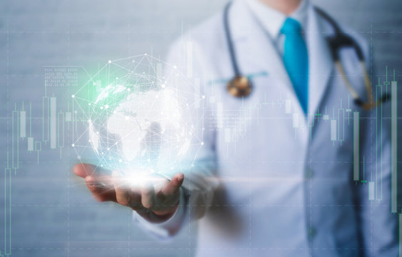 Doctor In Hand Holding Global Network Connection With Modern Virtual Screen Interface.