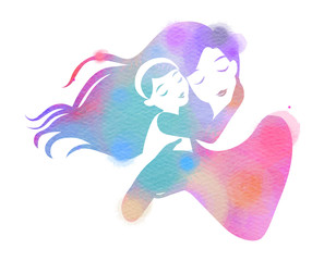 Happy family silhouette on watercolor background. Mother and baby. Mother's day. Digital art painting