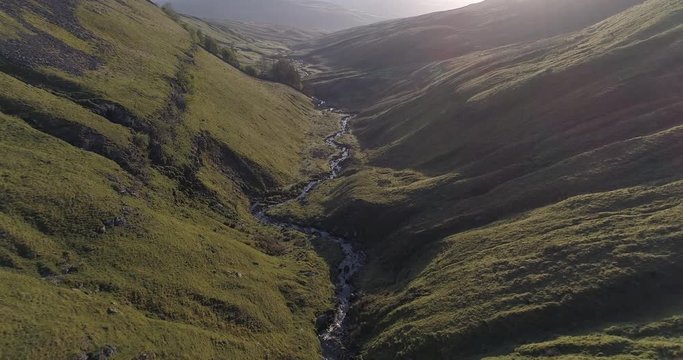 Drone shot of flying in the valley in North Yorkshire.