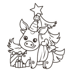 Happy New 2019 Year card with cartoon baby pig. Small symbol of holiday.