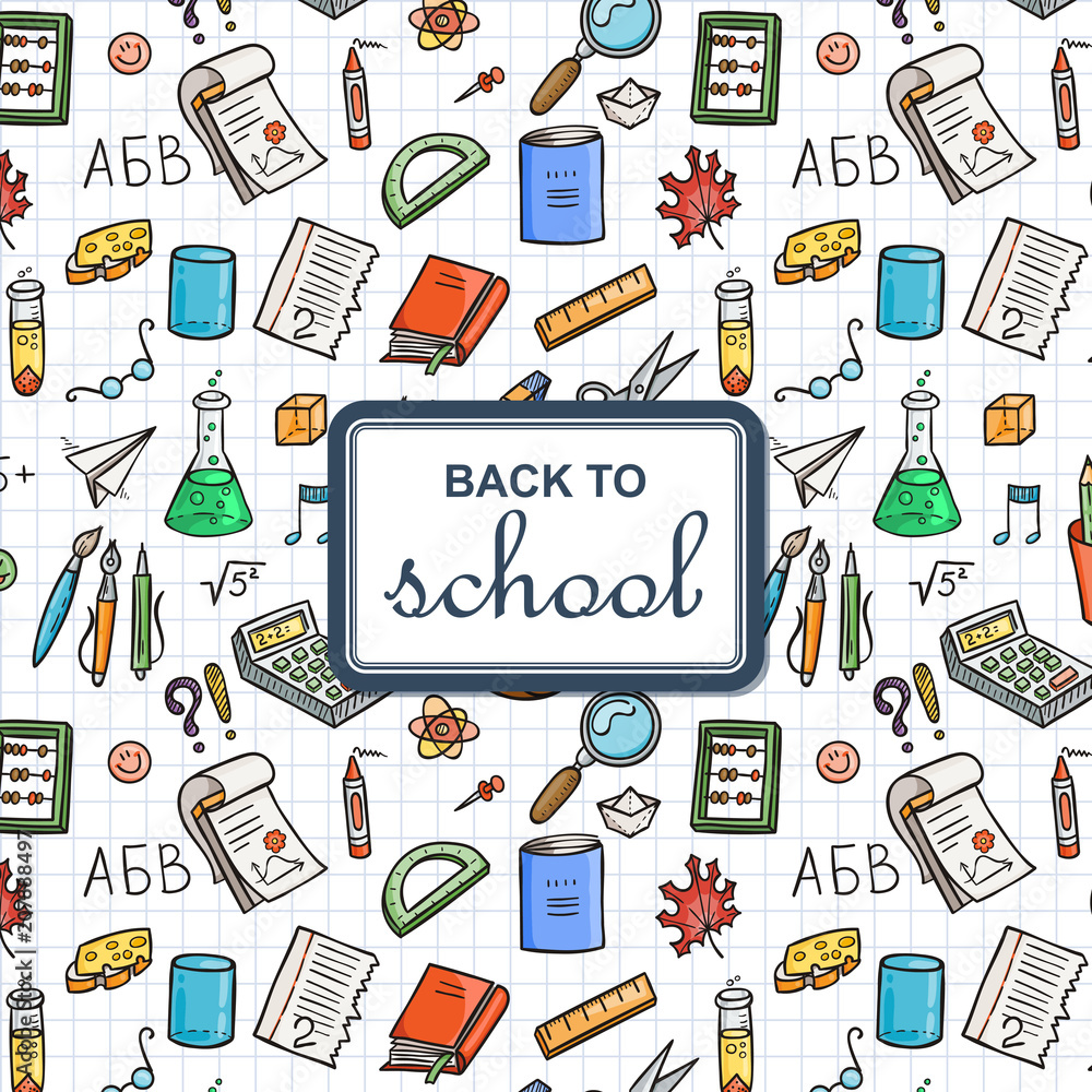 Poster back to school background with supplies. sketchy notebook doodles backdrop with text