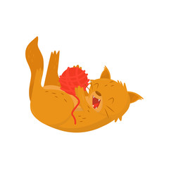 Fluffy red cat playing with ball of woolen threads. Happy domestic animal. Flat vector element for children book or postcard.