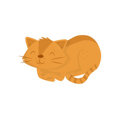 Cute red cat lying on floor. Kitten with happy muzzle and striped tail. Flat vector element for poster or postcard