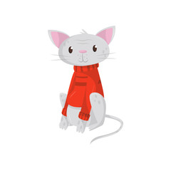 Funny cat in warm red sweater. Kitten with cute muzzle in sitting position. Flat vector element for poster or banner or vet clinic