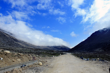Scenic Himalayan mountain road in North Sikkim, India. On the way to Gurudongmar lake. Himalayan mountain road in North Sikkim, India.