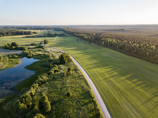 drone image. country lake surrounded by pine forest and fields from above