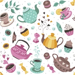 Fototapete Tee Nahtloses Muster der Teezeit. Teeparty-Geschenkpapier-Design. Handgezeichnete Gekritzelillustration mit Teekannen, Tassen und Süßigkeiten auf weißem Hintergrund.