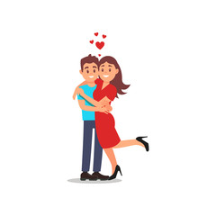 Hugging romantic couple, woman raising her leg. Beautiful young woman and man. Flat vector design