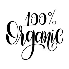 Organic food labels with hand drawn lettering. 100pc organic. Healthy stickers. Design for print. Vector illustration.