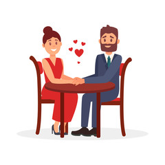 Fototapeta premium Couple of lovers sitting at table in restaurant and holding hands. Romantic date. Flat vector design