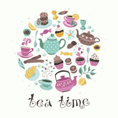 Tea time poster concept. Tea party card design. Hand drawn doodle illustration with teapots, cups and sweets in circle shape composition.