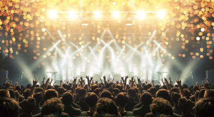 Concert stage with cheerful fans, lens flare and distress effects are visible