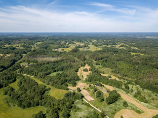 drone image. aerial view of rural area with fields and forests