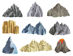 Flat vector set of mountain and volcano silhouettes. Mountaineering theme. Natural landscape element for mobile game or poster about climbing