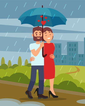 Young loving couple walking by park in rain, man holding umbrella. City buildings on background. Flat vector design