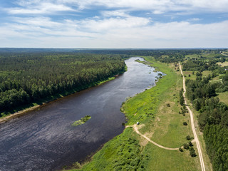 drone image. aerial view of Daugava river, largest in Latvia