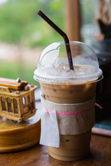 Cold espresso iced coffee,Old atmosphere in a cafe.