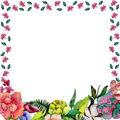 Tropical bouquet flower. Floral botanical flower. Frame border ornament square. Aquarelle wildflower for background, texture, wrapper pattern, frame or border.