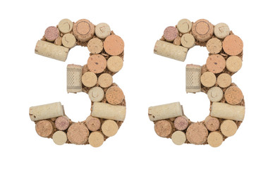 Number 33 thirty three made of wine corks Isolated on white background