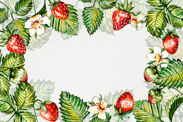 Watercolor floral background with strawberries. Summer card with copy space. Frame with watercolor strawberries. Hand painted background.