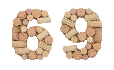 Number 69 sixty nine made of wine corks Isolated on white background