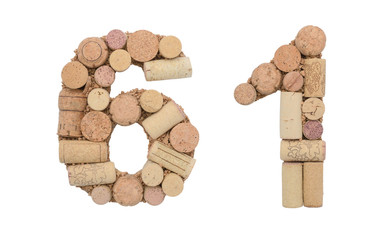 Number 61 sixty one made of wine corks Isolated on white background